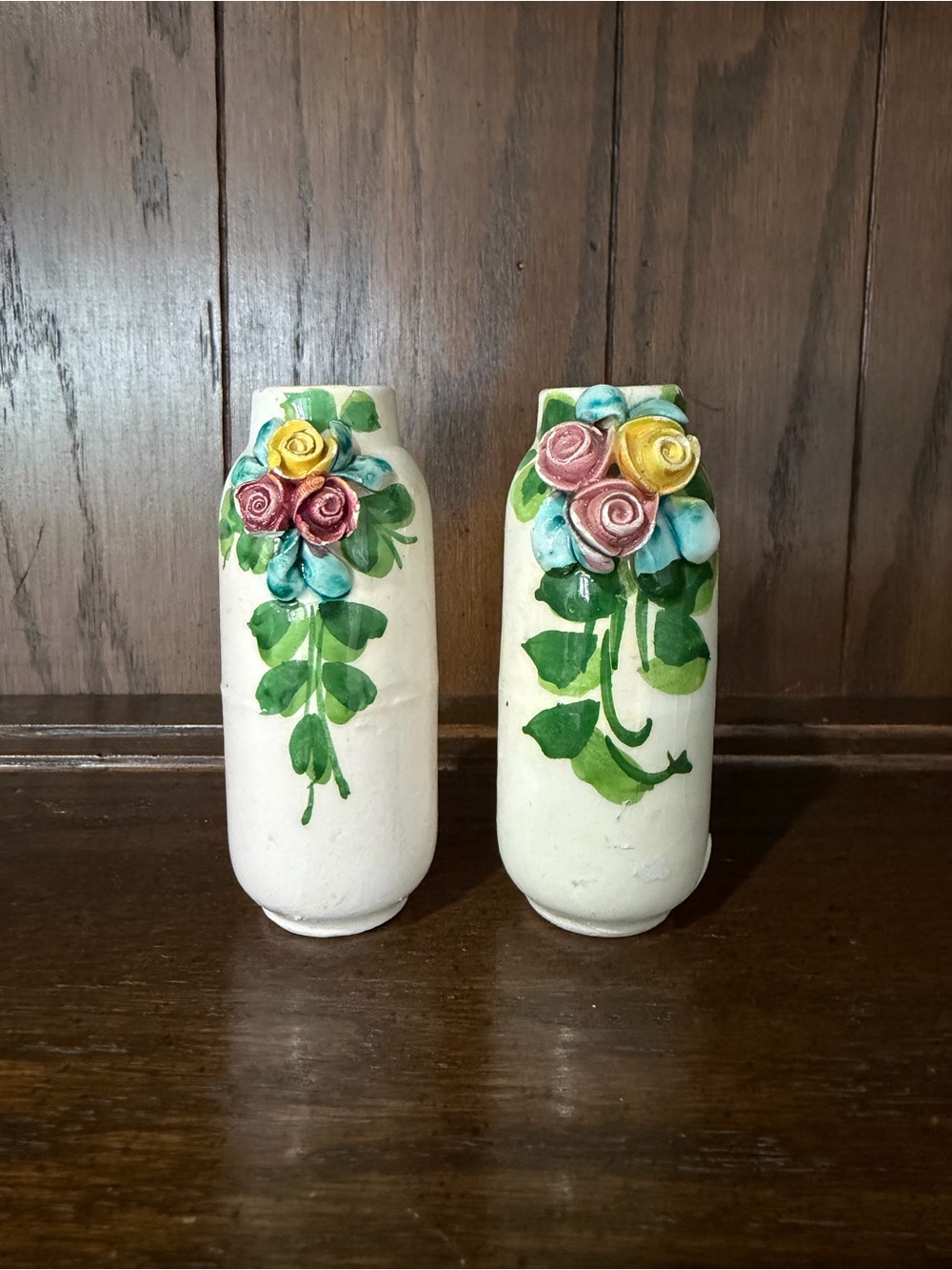 Hand-Painted Floral Ceramic Bud Vases - White with Multicolor Roses - 3.5"